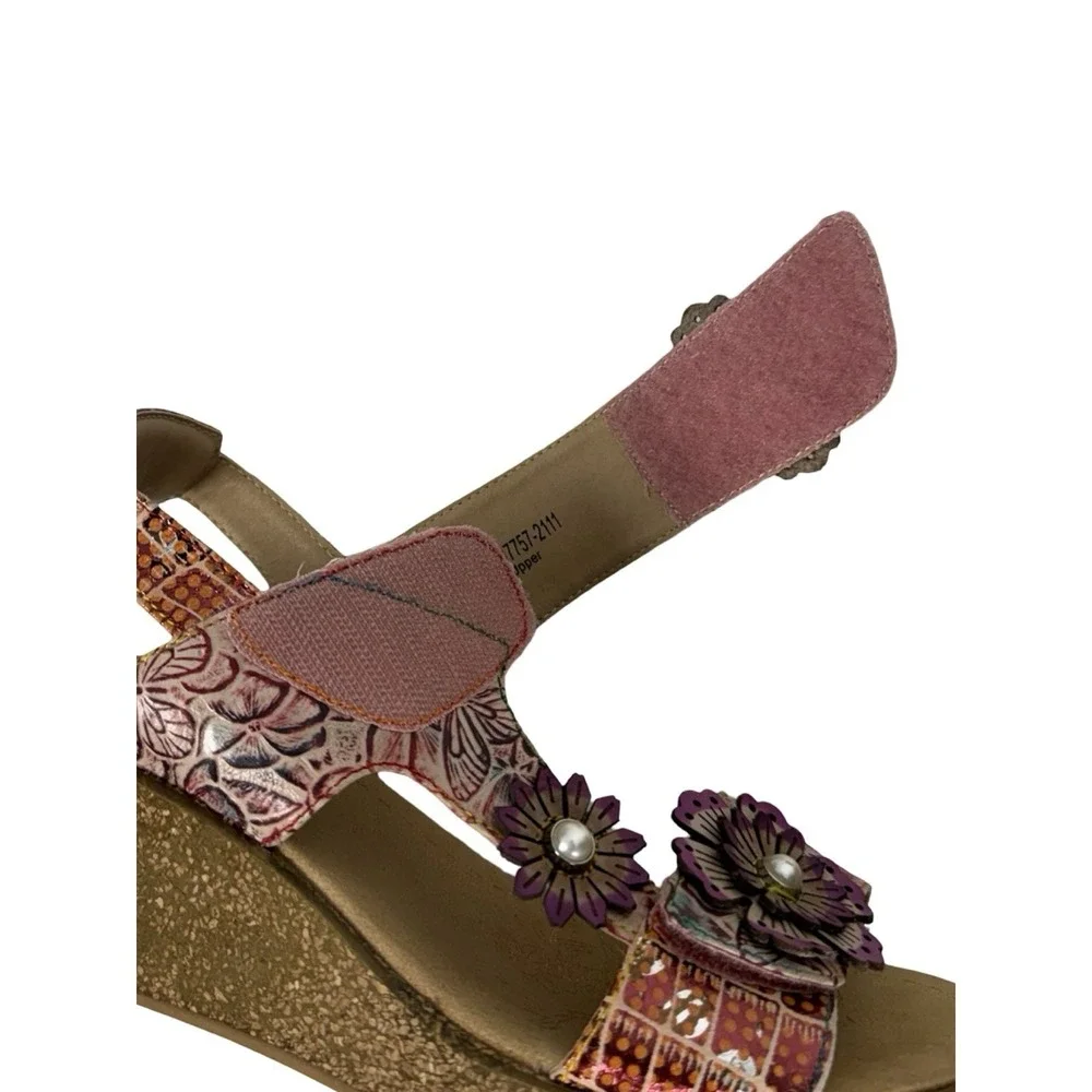 L'artiste Radd Geo Prm Wedge Sandals Heels Multicolor Leather Flower Sz 38/7.5-8